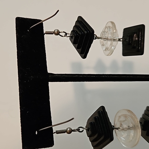 Art Deco Style Black & Clear Acrylic Pierced Earrings - Picture 5 of 5